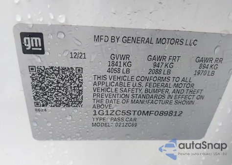 2021 Chevrolet Malibu Fwd 1Fl z USA, uszkodzony, nr VIN 1G1ZC5ST0MF089812